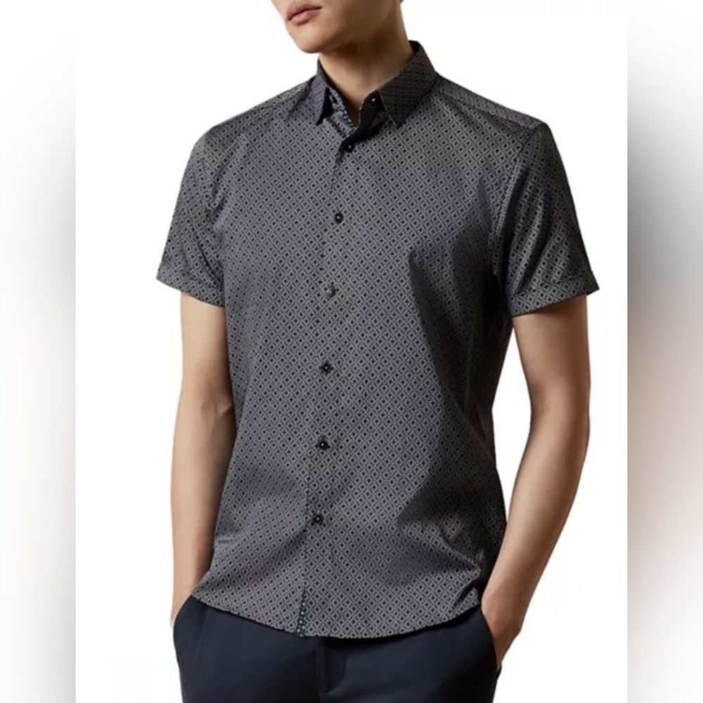 Ted Baker Mens Slim Fit Geo Print Short Sleeve Shirt Large Casual